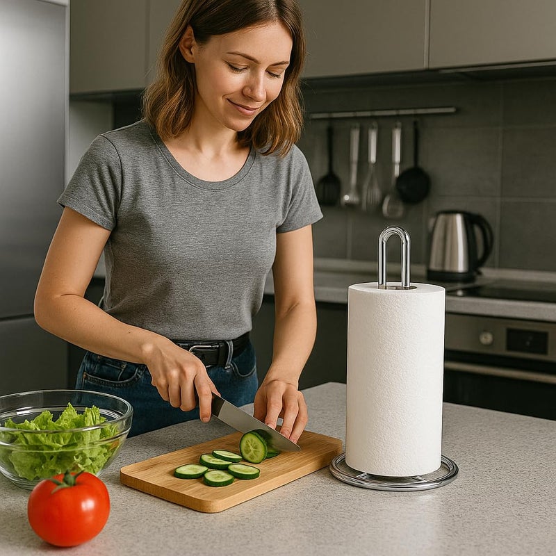 Creative Home Heavy Duty Metal Paper Towel Holder | Standing Roll Dispenser for Kitchen, Dining Countertops, Bathroom, Stable Base, 4.8" Diam Ã— 11.8" H, Chrome Plated - Image 2